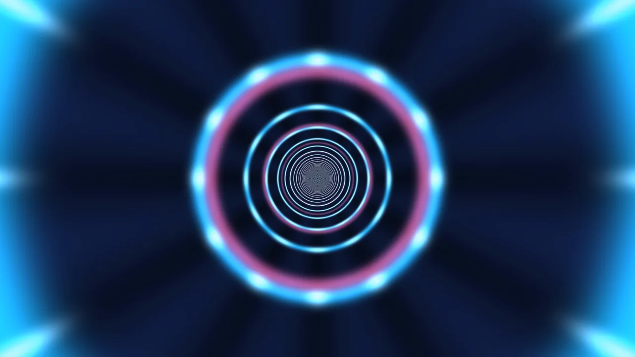Concentric Neon Energy Rings in a Deep Blue Tunnel