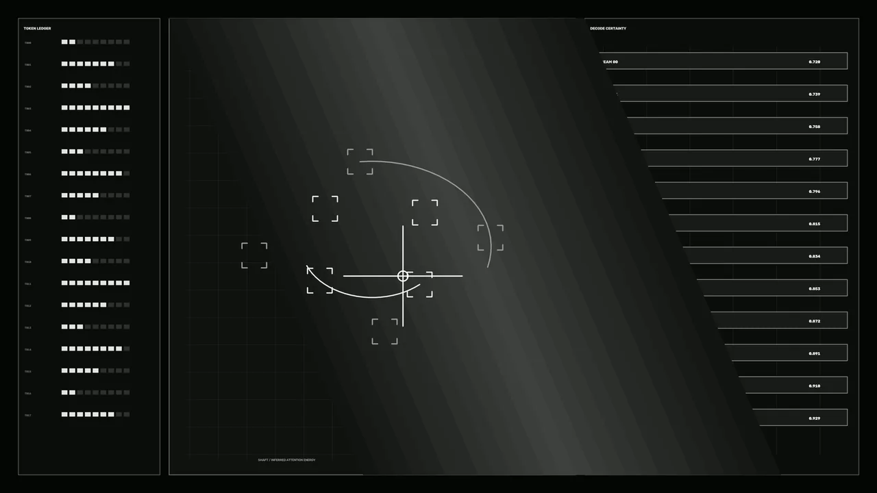 Monochrome Sci-Fi Diagnostic HUD with Reticle, Decode Bars and Token Ledger