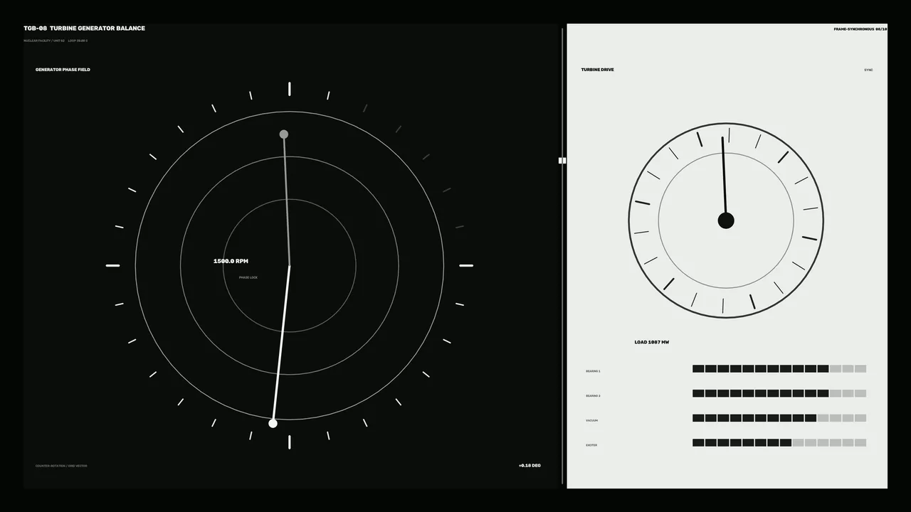 Monochrome Turbine Generator Monitoring HUD with Circular Gauges – 4K Wallpaper