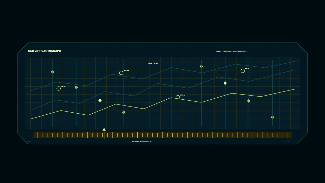 Geo Lift Cartograph Campaign Performance HUD Dashboard – 4K Sci-Fi Wallpaper
