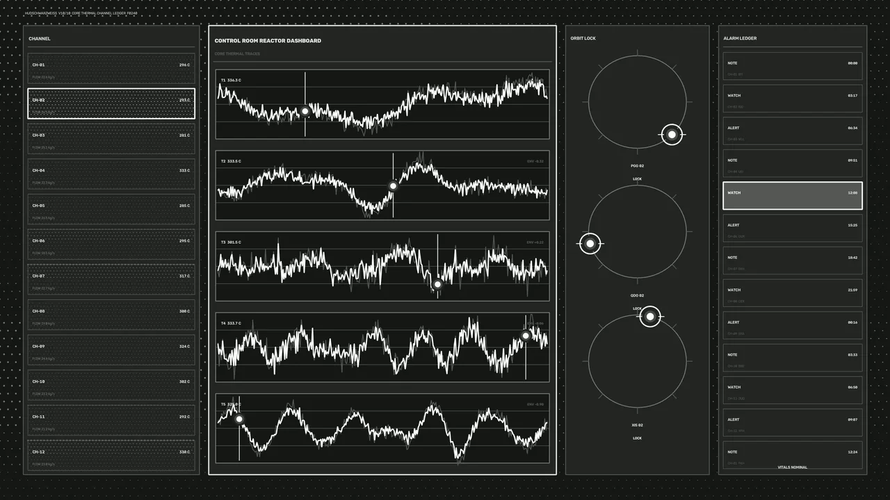 Sci-Fi Reactor Dashboard HUD with Thermal Telemetry and Orbit Lock Gauges