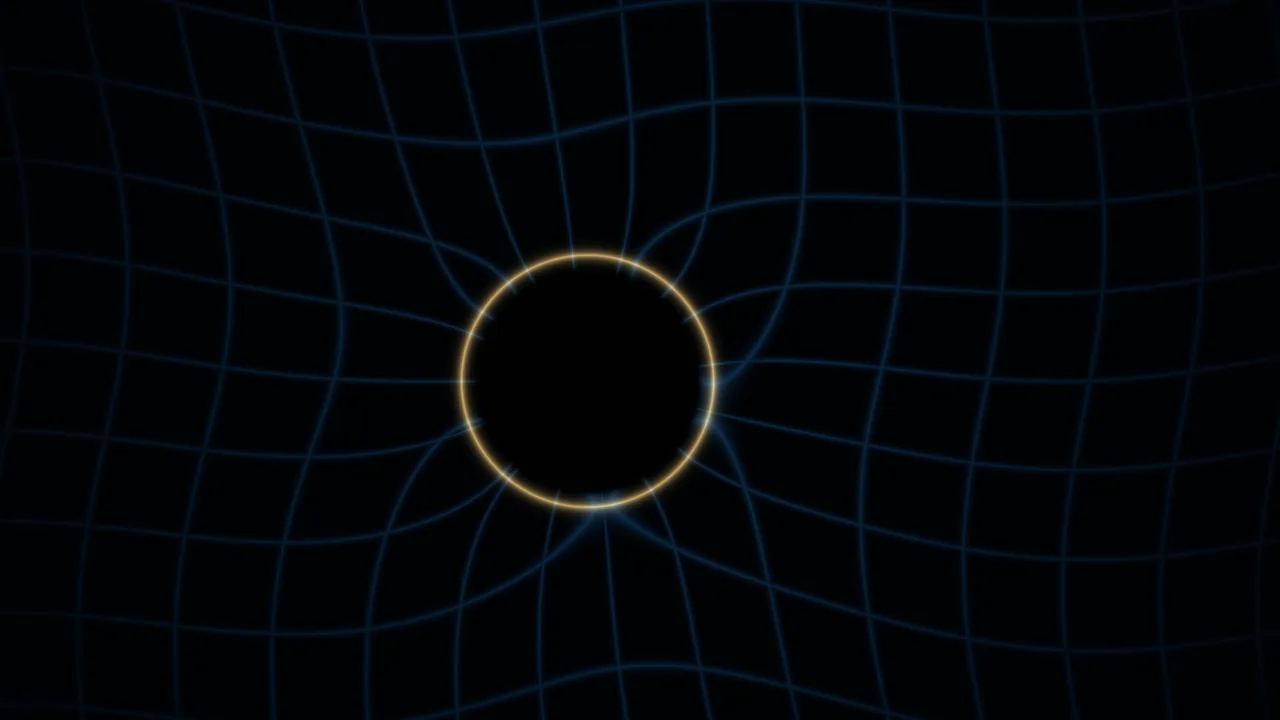 Dark Blue Curved Grid and Golden Halo on Black 4K Wallpaper