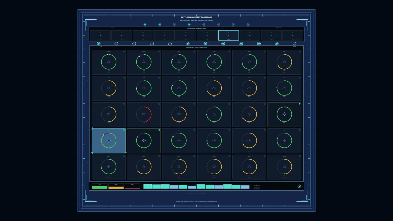 Fictional Sci-Fi Battle Management Dashboard HUD with Circular Telemetry Gauges
