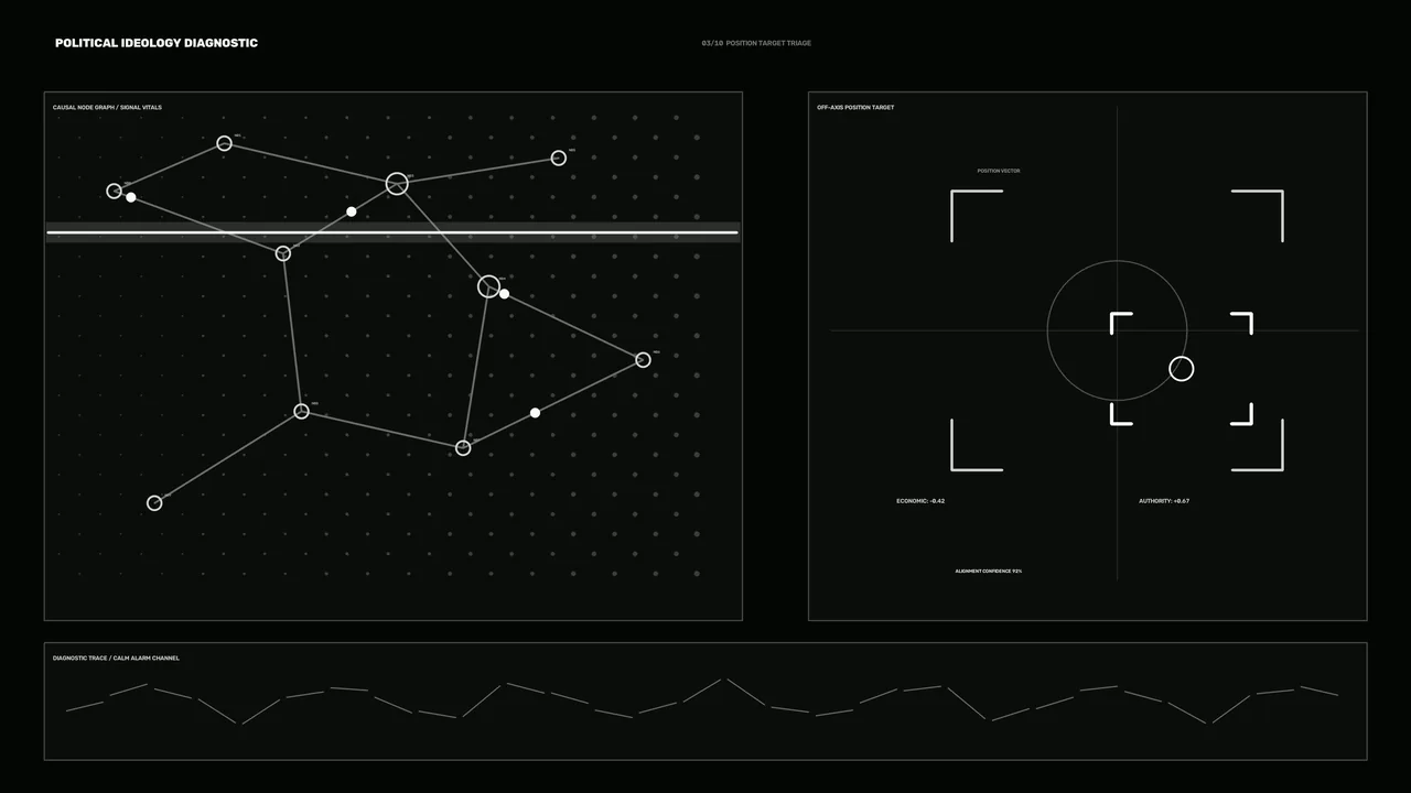 Political Ideology Diagnostic HUD with Node Graph and Position Target 4K UHD