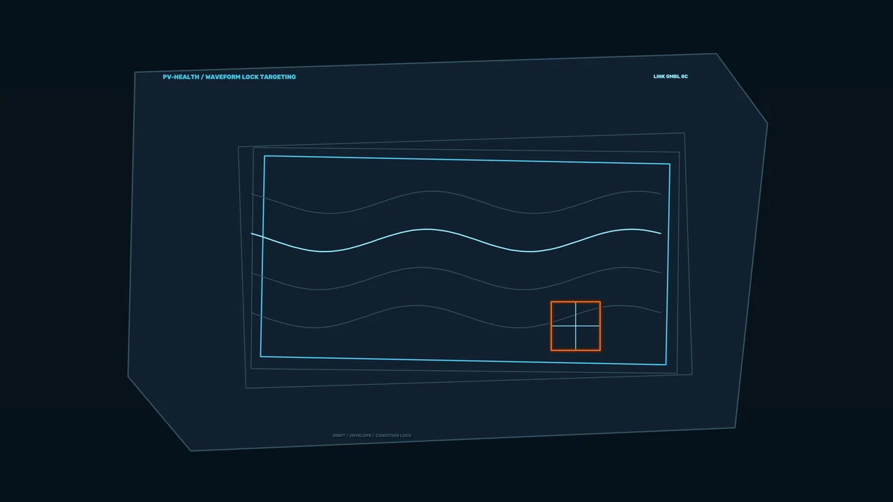 Photovoltaic Health Monitor HUD with Cyan Waveforms and Orange Crosshair
