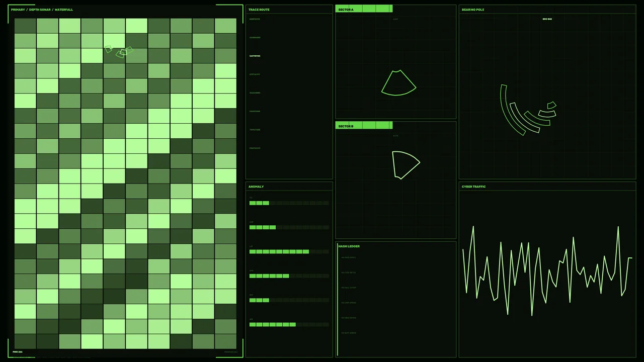 Green Sci-Fi HUD Dashboard with Sonar Waterfall, Sector Scanners and Cyber-Tra​ﬃ