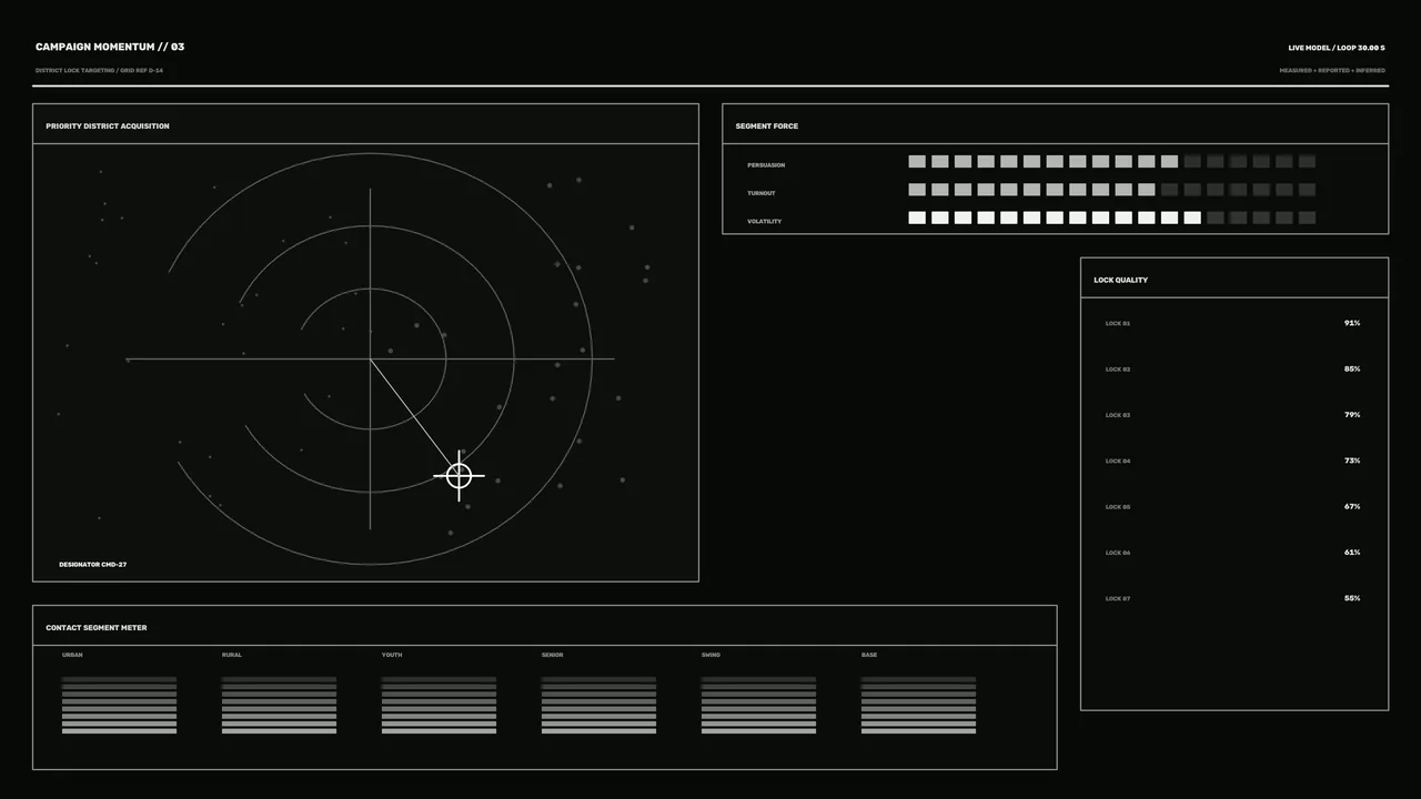 Monochrome Campaign Momentum HUD with Radar and Segment Metrics