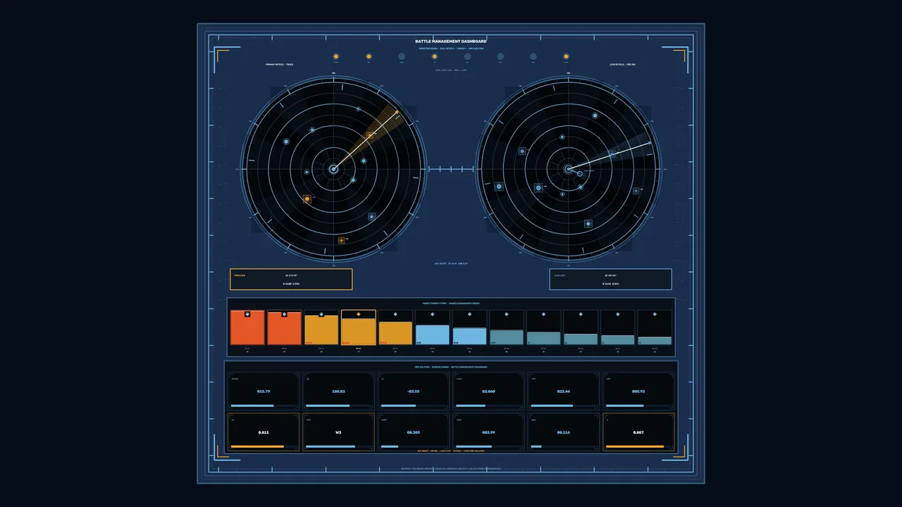 Sci-Fi Battle Management Radar HUD Dashboard with Dual Circular Scanners