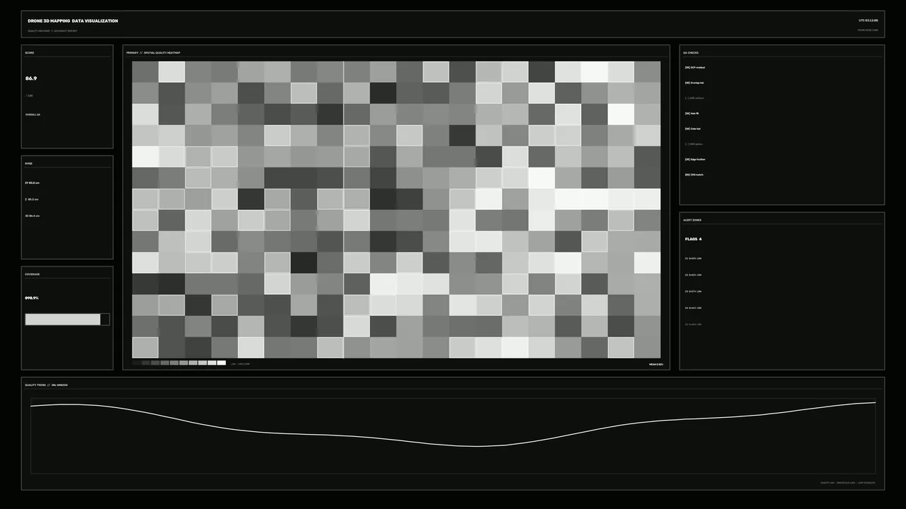 Monochrome Drone Mapping Heatmap HUD Dashboard with Grid Panels and Line Chart –