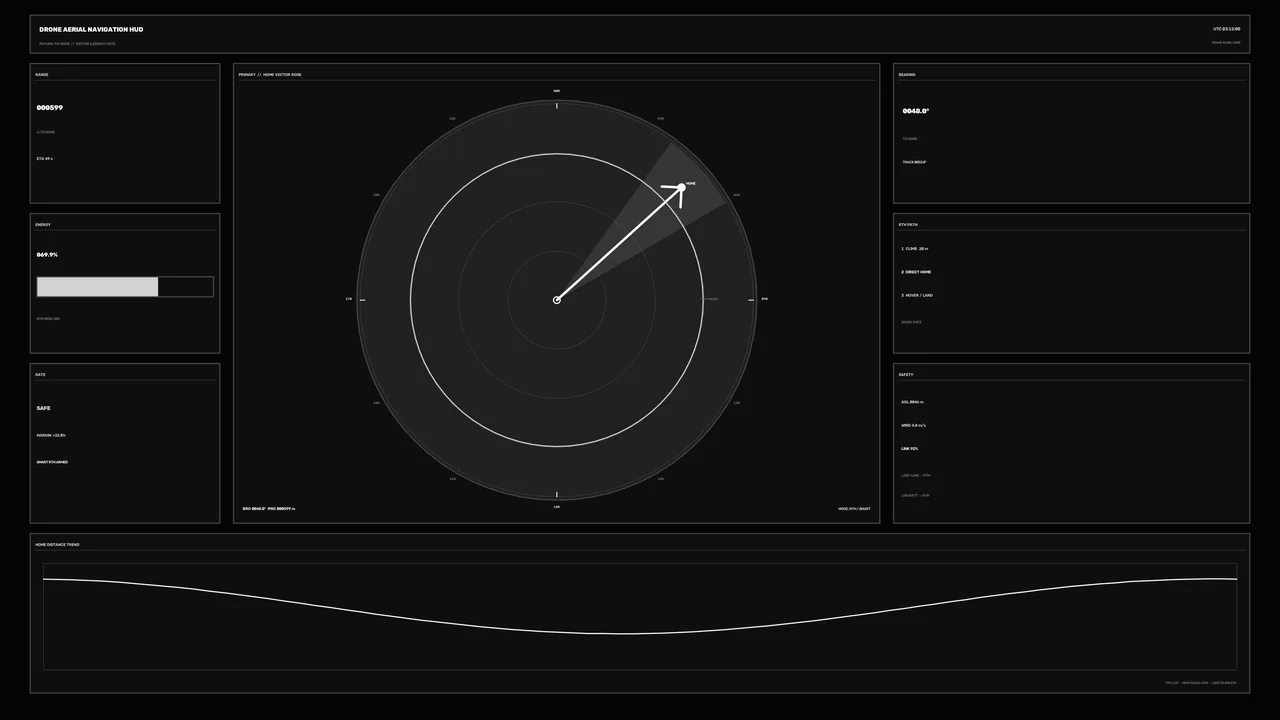 Dark Sci-Fi Drone Navigation HUD with Circular Radar and Telemetry Panels