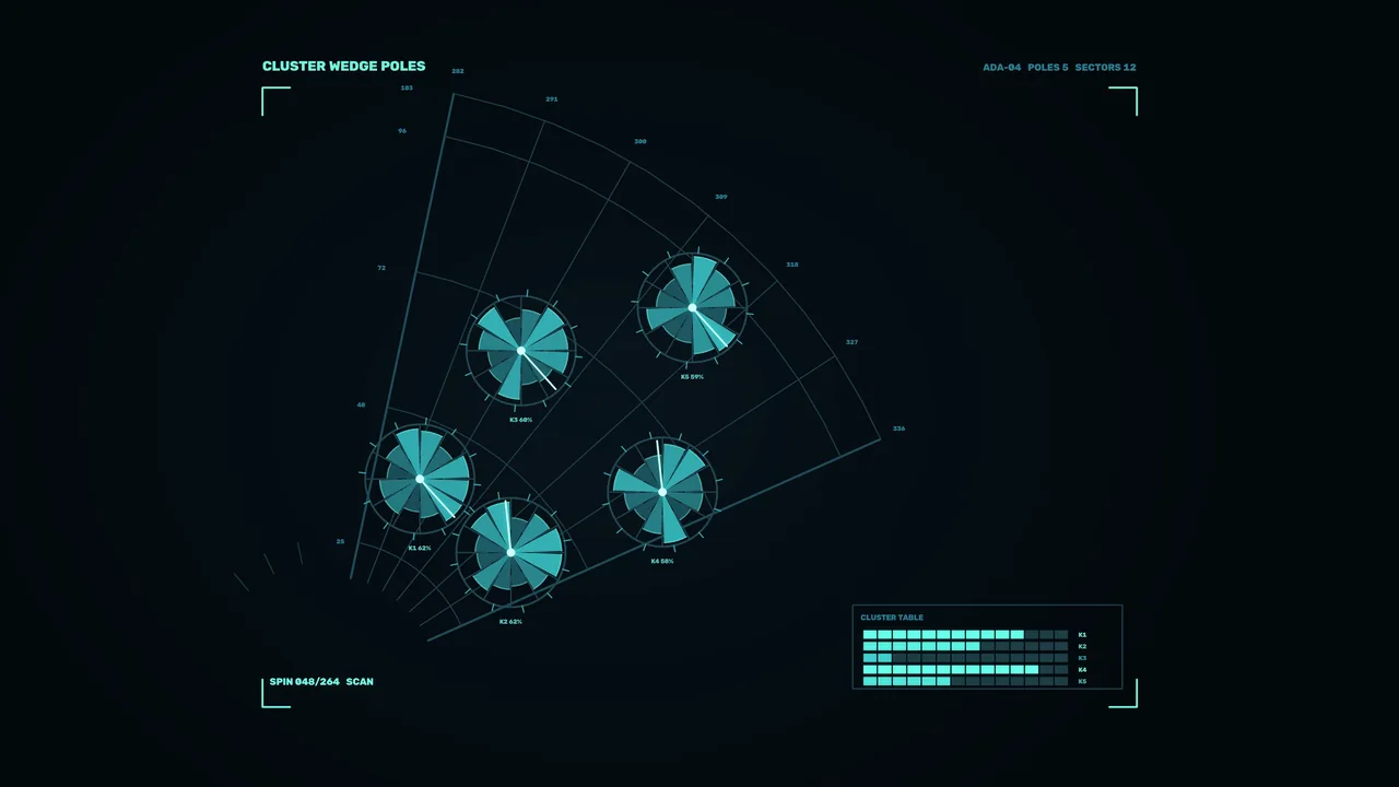 Sci-Fi Cluster Telemetry HUD with Radial Charts | 4K Wallpaper