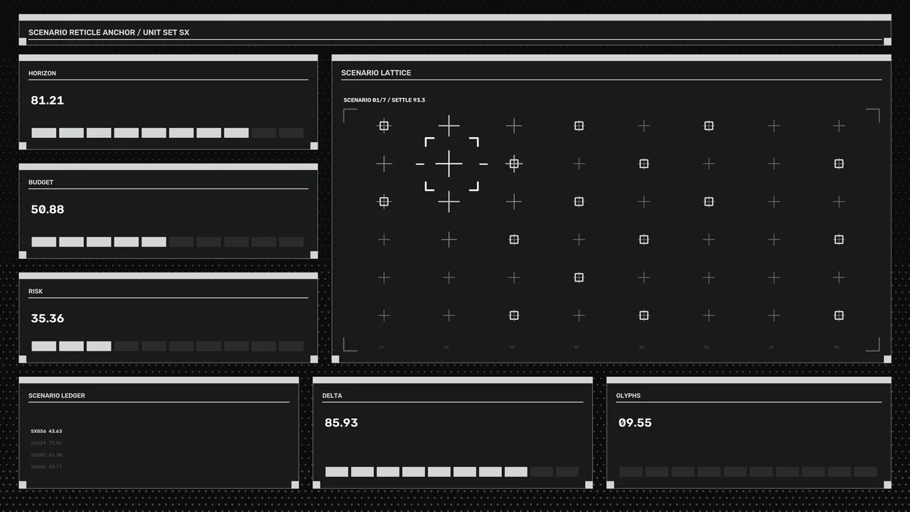 4K Sci-Fi Decision Support HUD Dashboard with Scenario Lattice