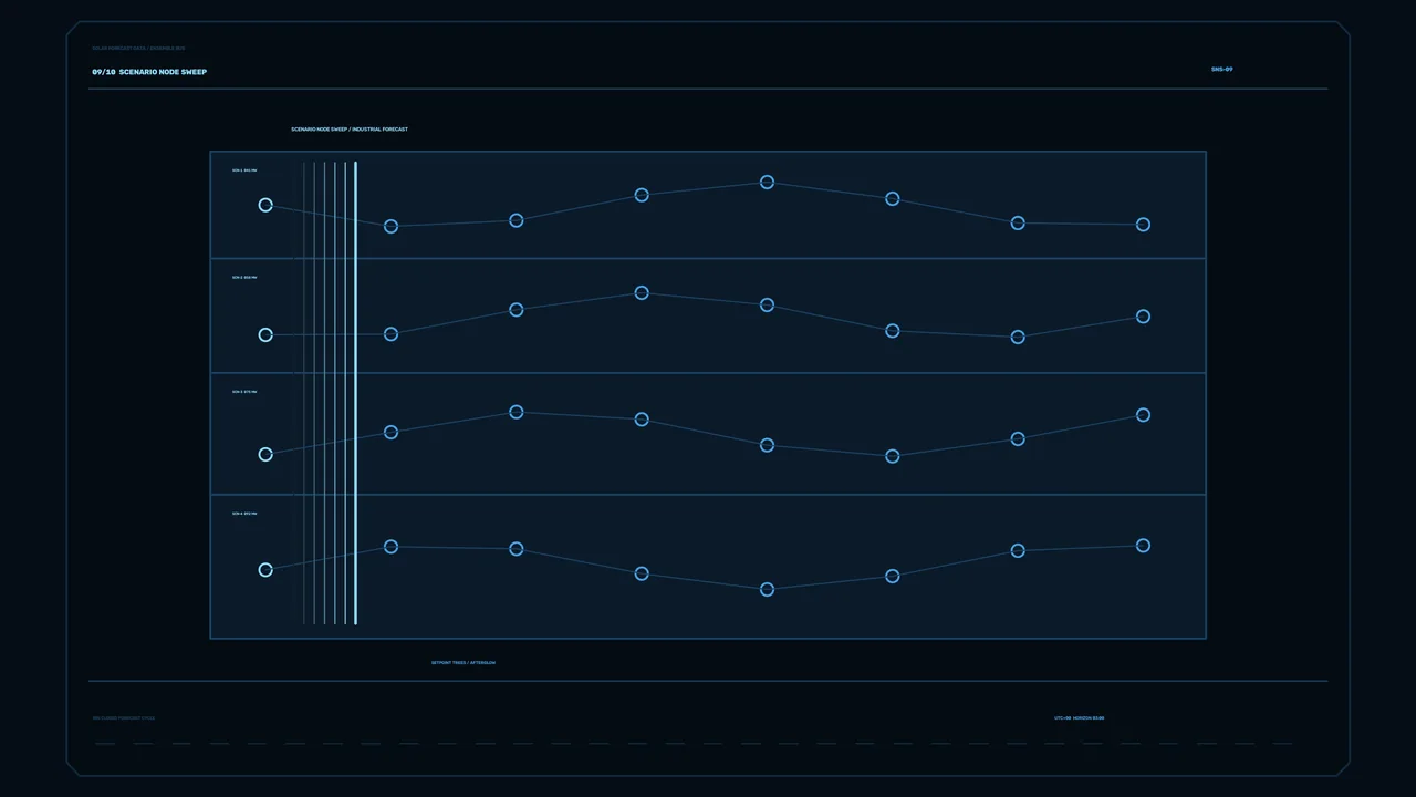 Solar Energy Forecast HUD Dashboard with Four-Panel Blue Telemetry