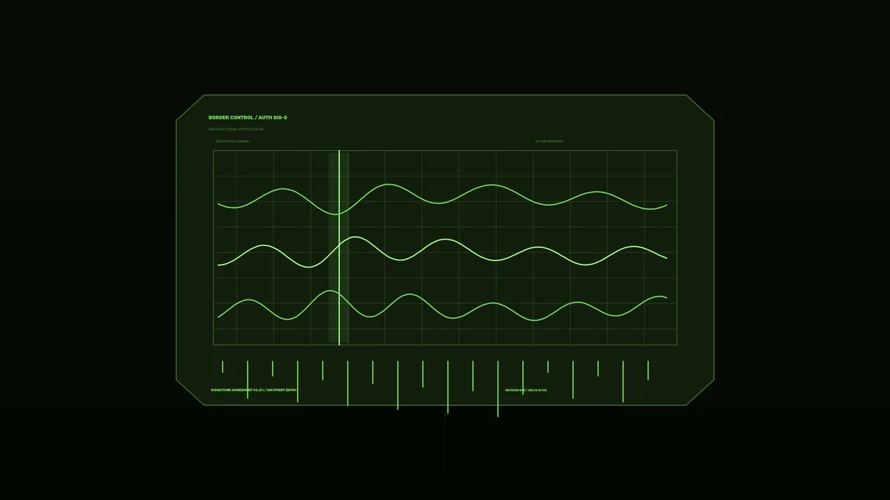 Fictional Border Control HUD with Green Waveform Telemetry