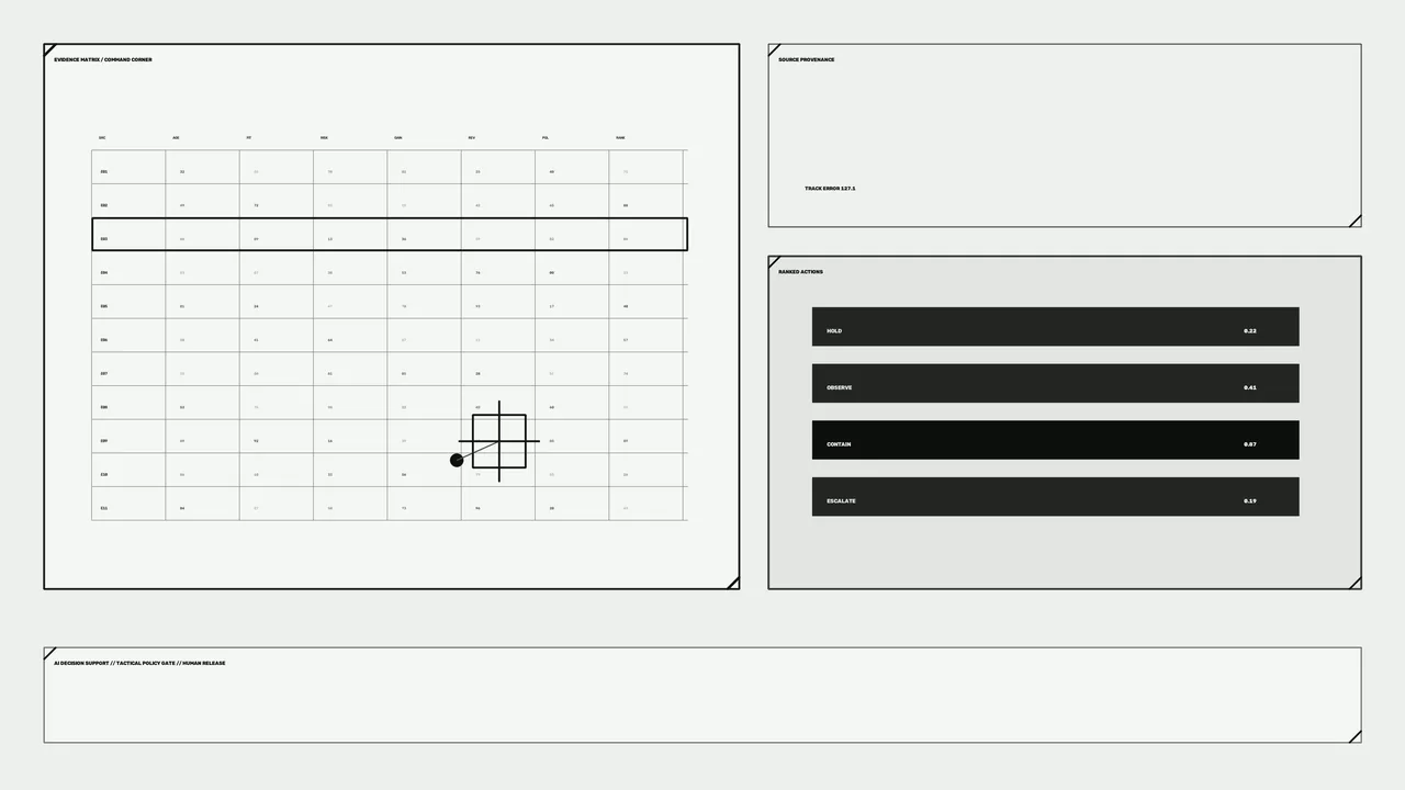 Monochrome Sci-Fi HUD Dashboard with Telemetry Grid and Ranked Actions