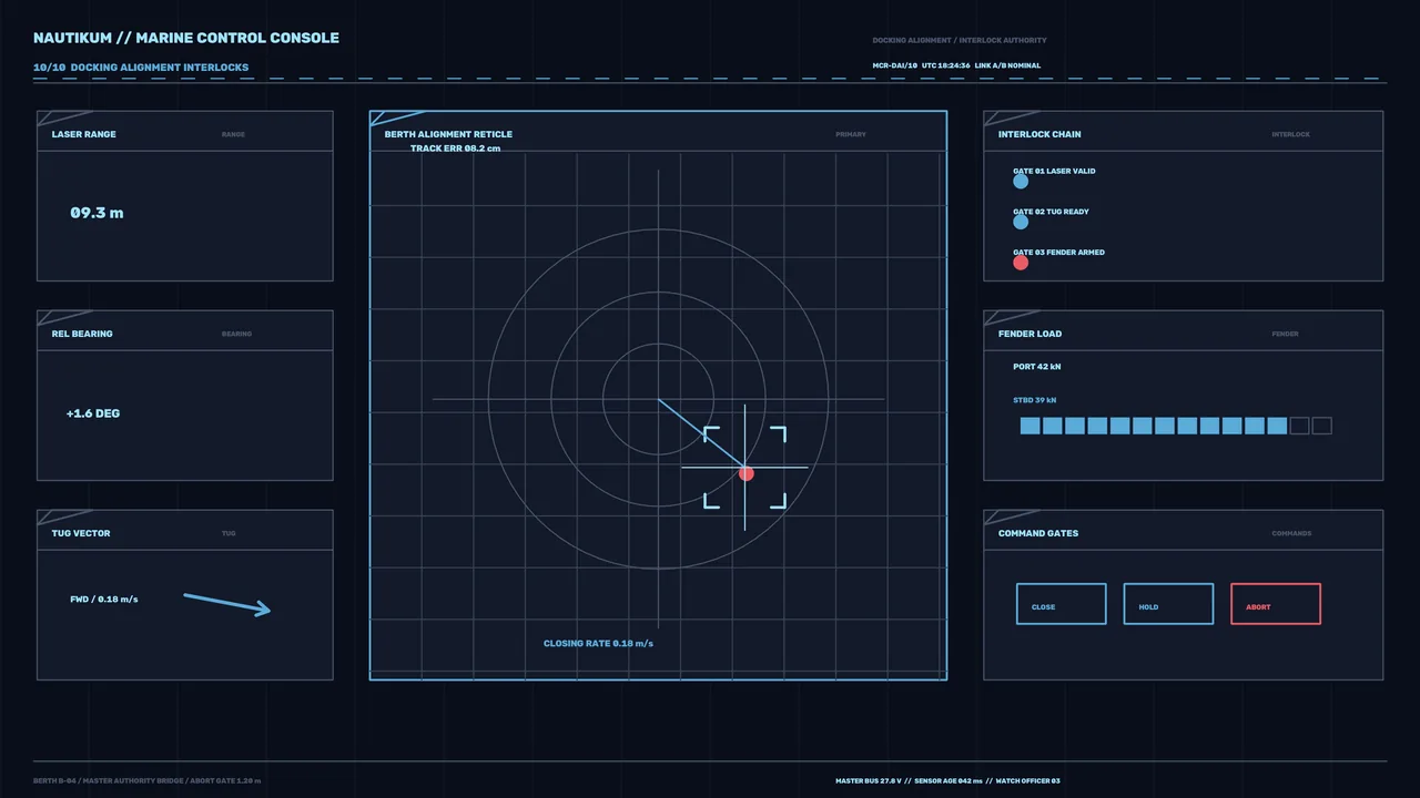 Marine Docking Alignment HUD with Berth Reticle and Telemetry