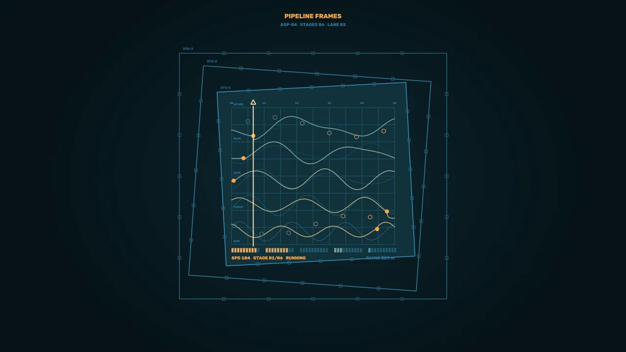 Pipeline Process Telemetry HUD Dashboard in Teal and Amber