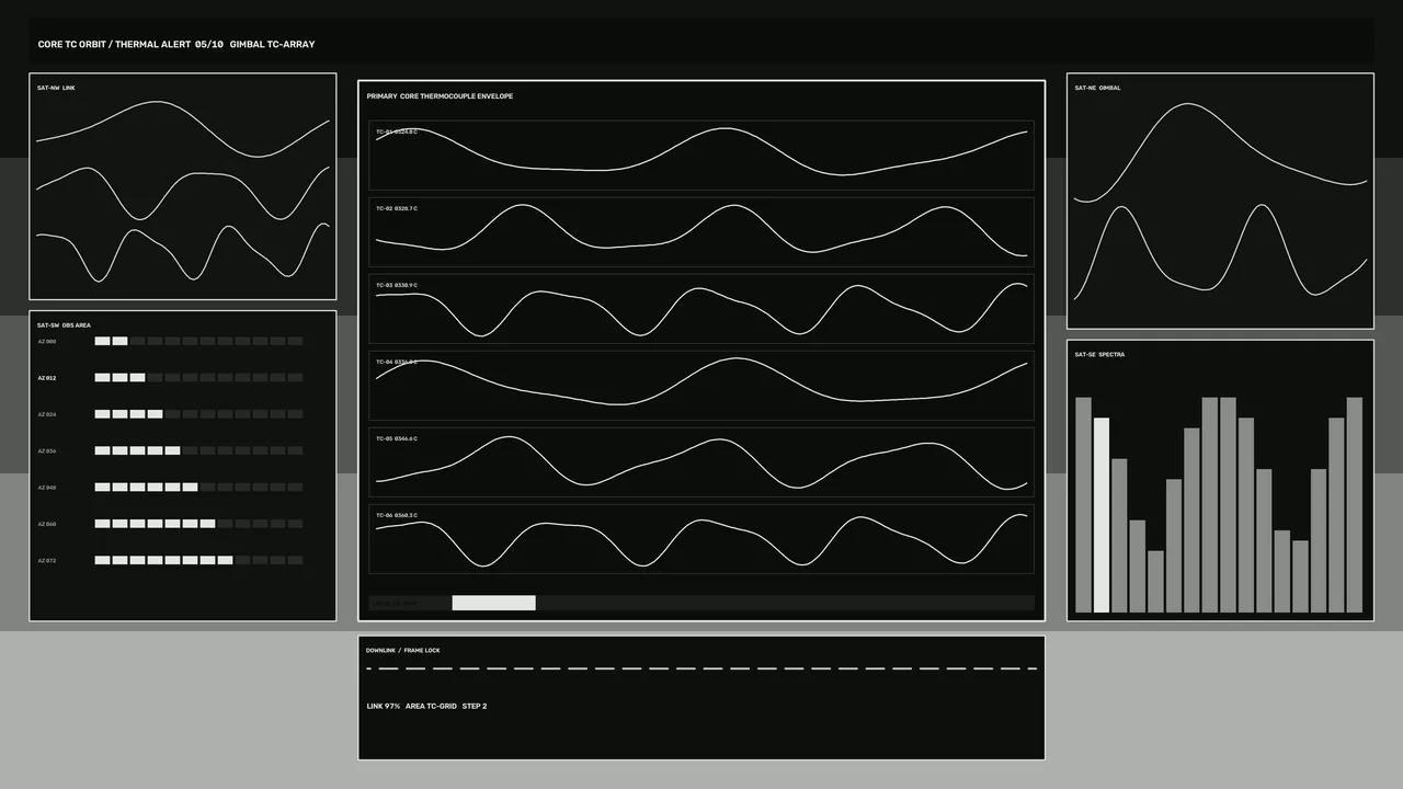 Futuristic Thermal Telemetry HUD Dashboard with Waveform Panels