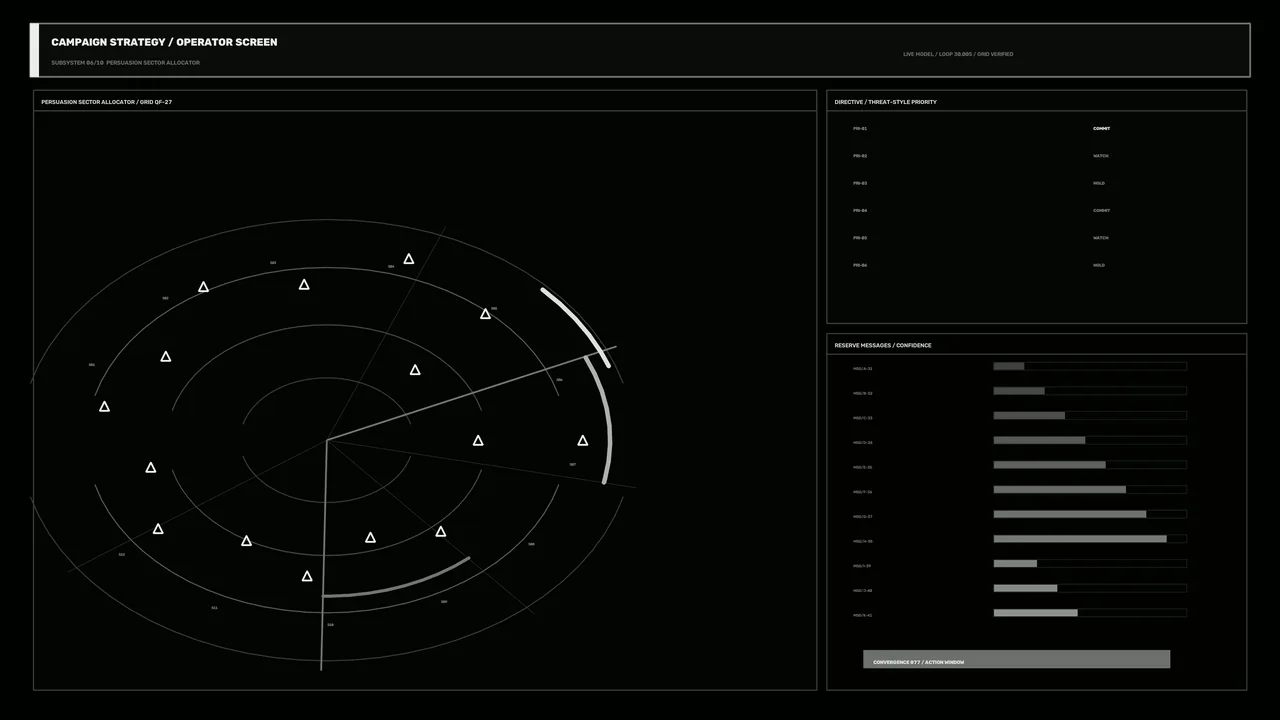 Sci-Fi Operator HUD with Circular Sector Scanner and Confidence Dashboard
