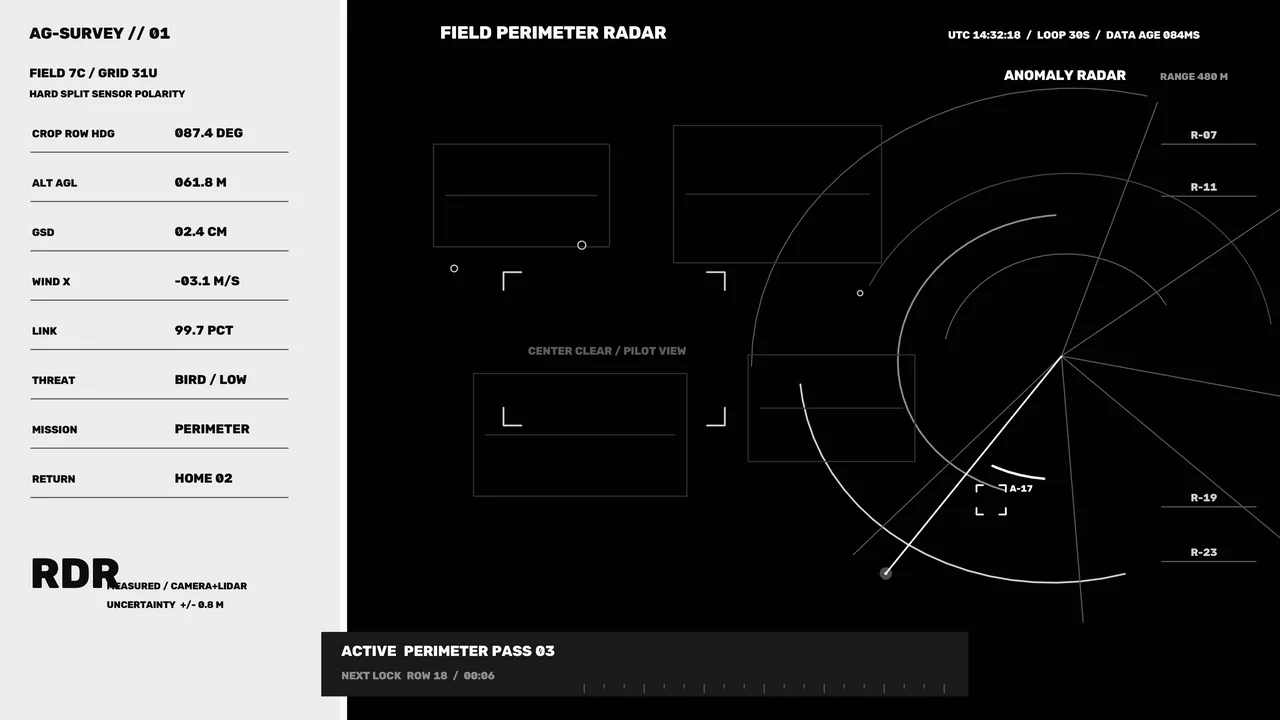 Field Perimeter Radar HUD with Range Rings and Telemetry Dashboard