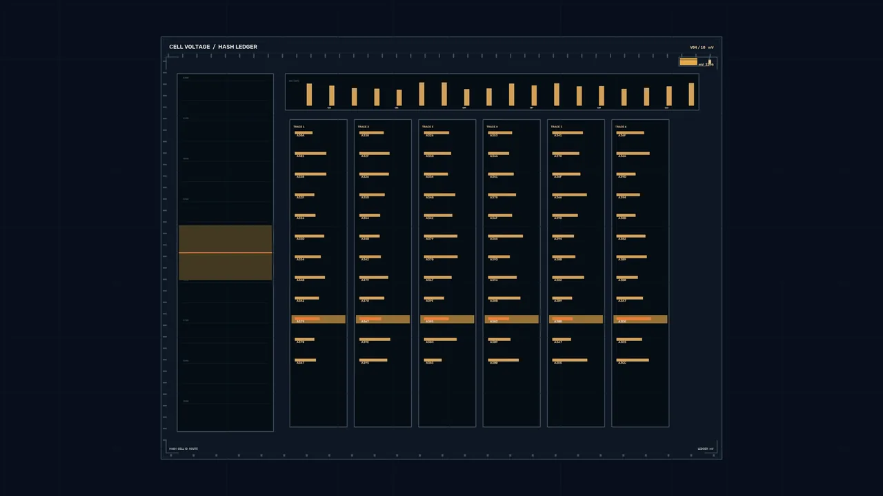 Cell Voltage Telemetry HUD Dashboard with Six Amber Trace Columns