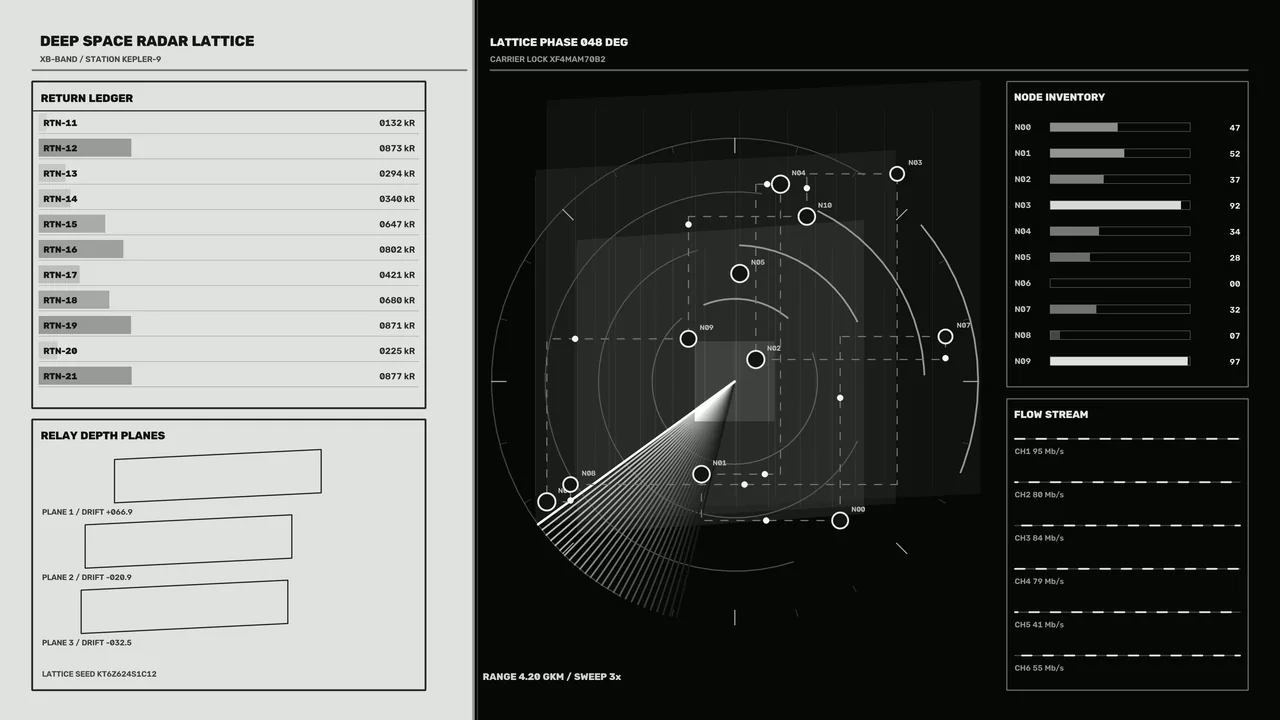 Deep Space Radar Lattice HUD Wallpaper with Telemetry Panels