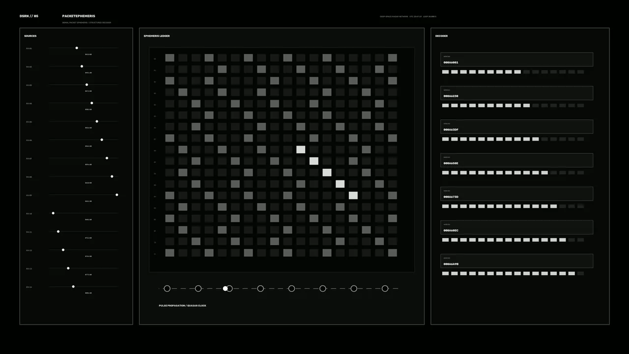 Monochrome Sci-Fi Telemetry HUD with Ephemeris Grid and Decoder Panels
