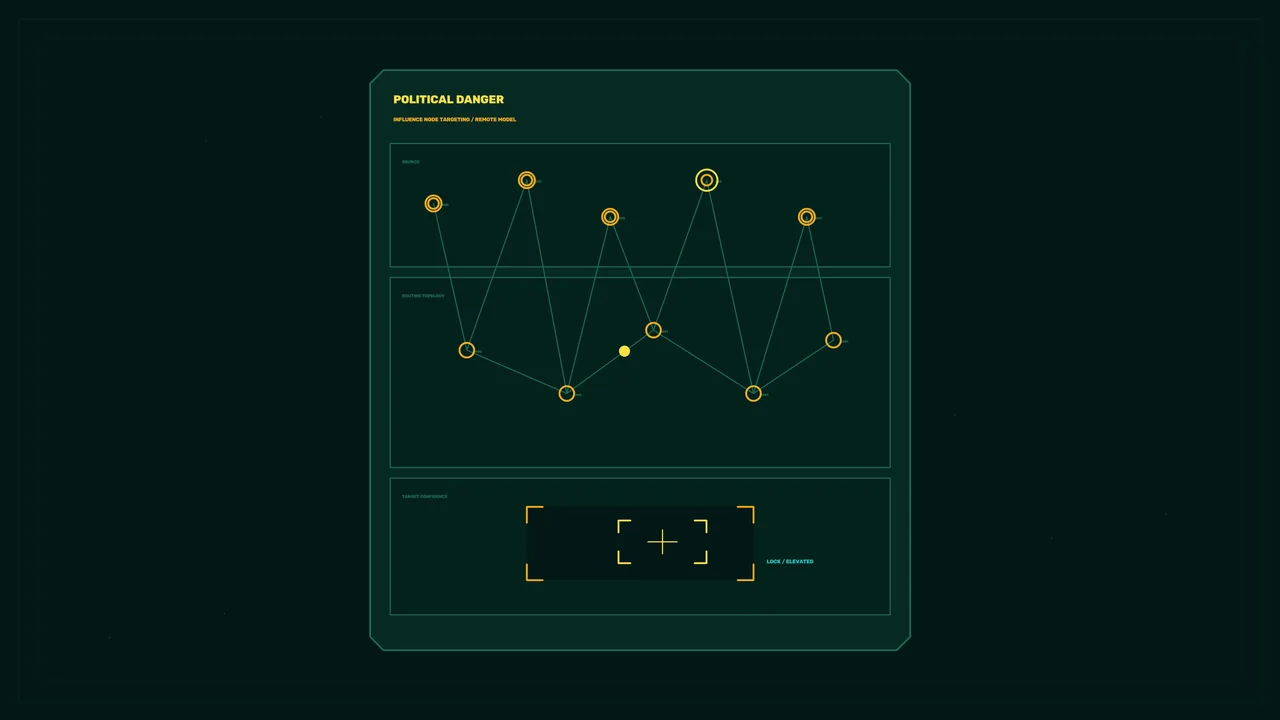 Fictional Political Danger Status HUD with Network Graph and Target Lock, 4K