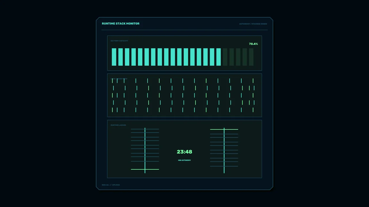 4K Sci-Fi Battery Capacity HUD Dashboard with Runtime and Autonomy Gauges