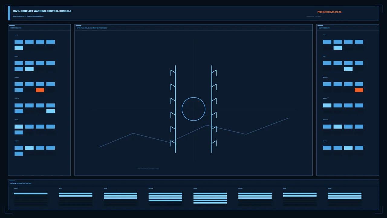 Fictional Civil Conflict Warning HUD Control Console