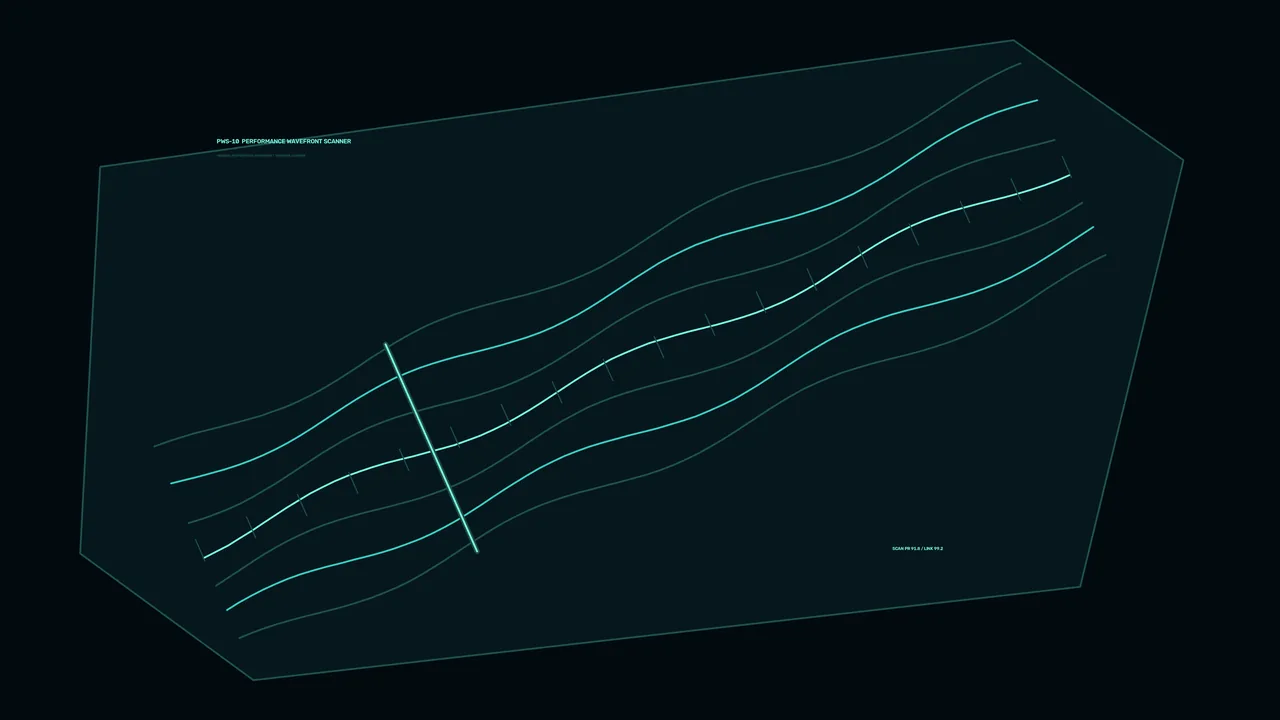 Teal Wavefront Scanner Performance HUD, Angled 4K Sci-Fi Wallpaper