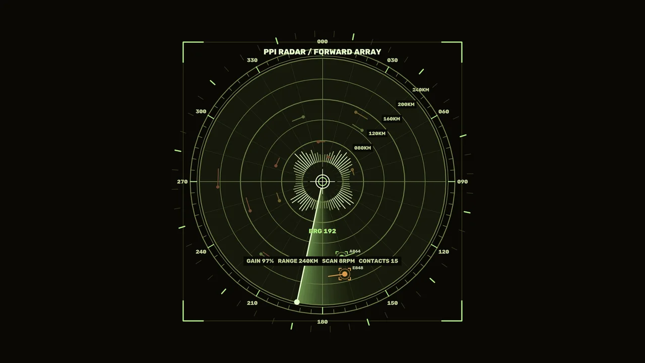 Futuristic Circular Radar HUD with Green Range Telemetry