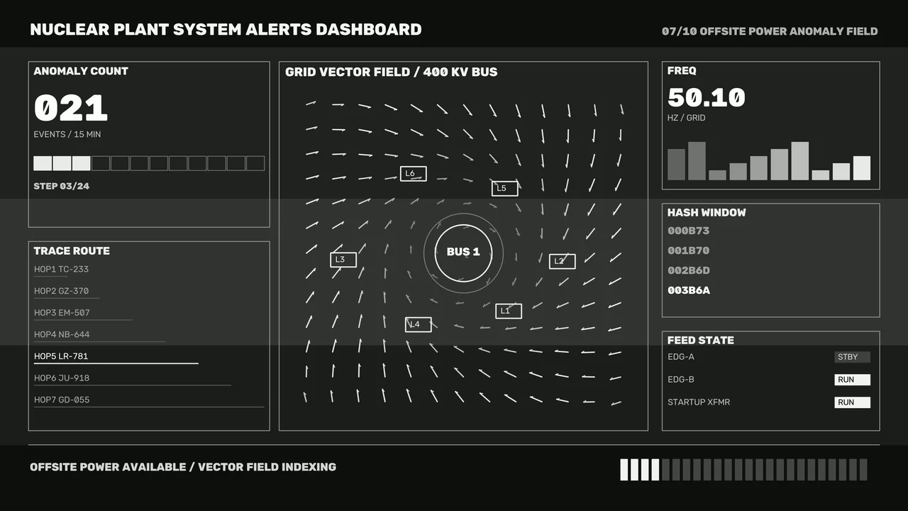 Nuclear Plant System Alerts HUD Dashboard with Grid Vector Field 4K Wallpaper