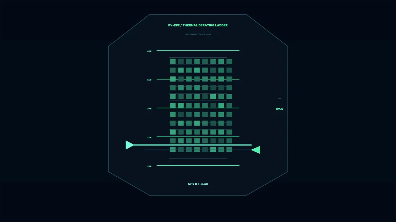 Photovoltaic Efficiency Thermal Derating HUD with Octagonal Teal Cell Matrix