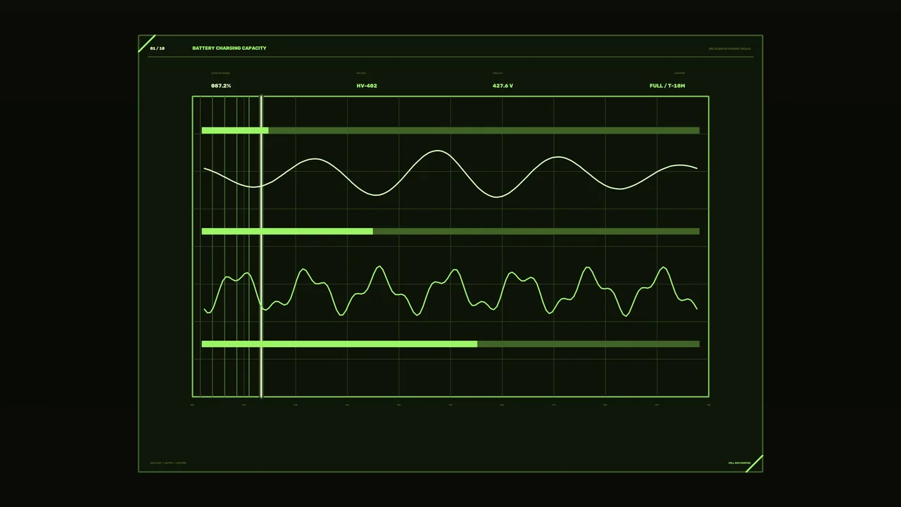 Battery Charging Capacity HUD Dashboard with Waveform Telemetry 4K Wallpaper
