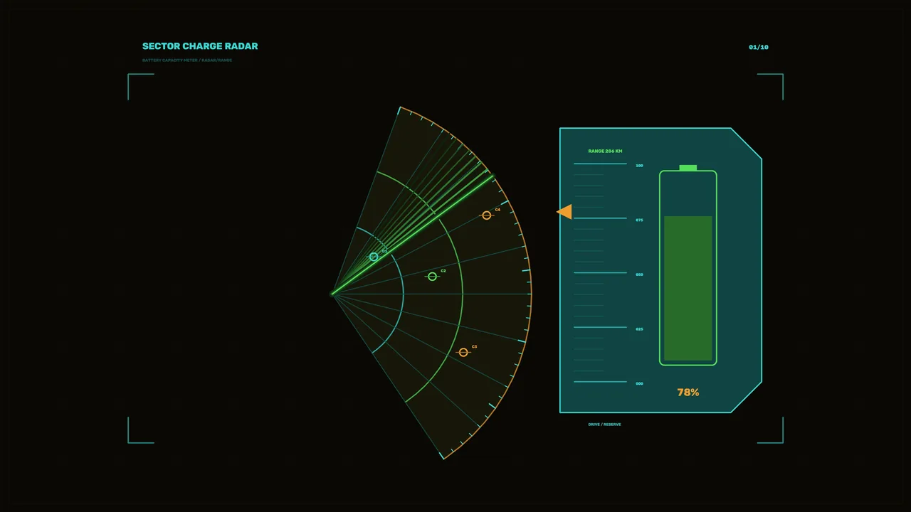 Sci-Fi Battery Capacity HUD with Sector Radar and 78% Gauge