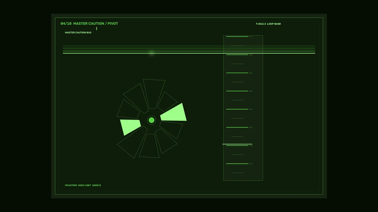 Green Master Caution Spacecraft HUD with Radial Indicator and Channel Telemetry