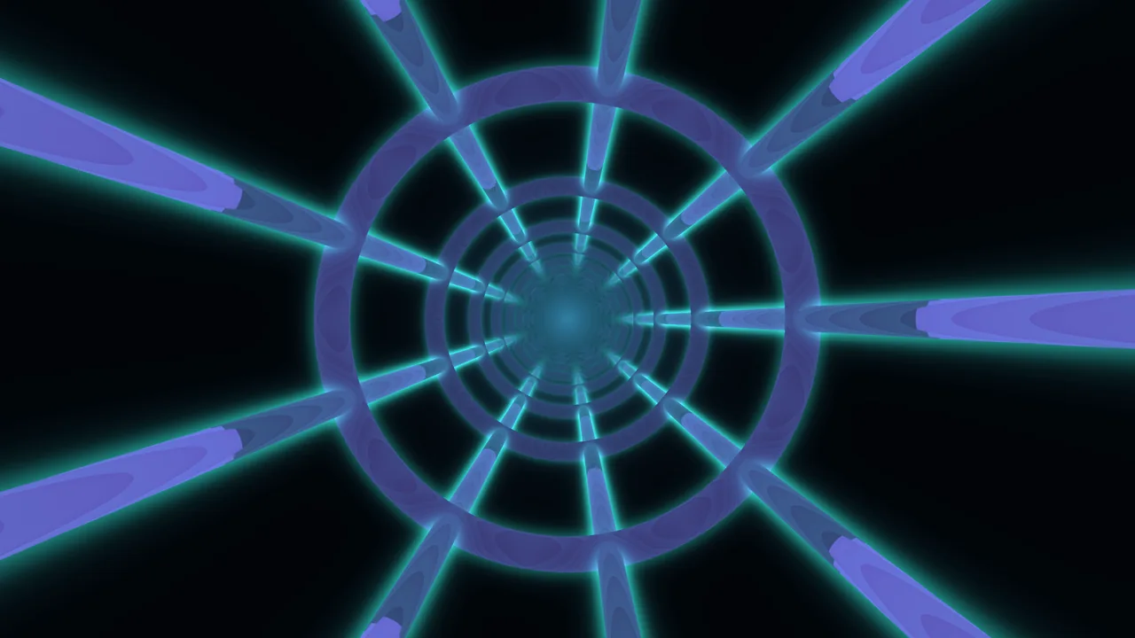 Neon Concentric Tunnel with Violet Radial Beams 4K Wallpaper