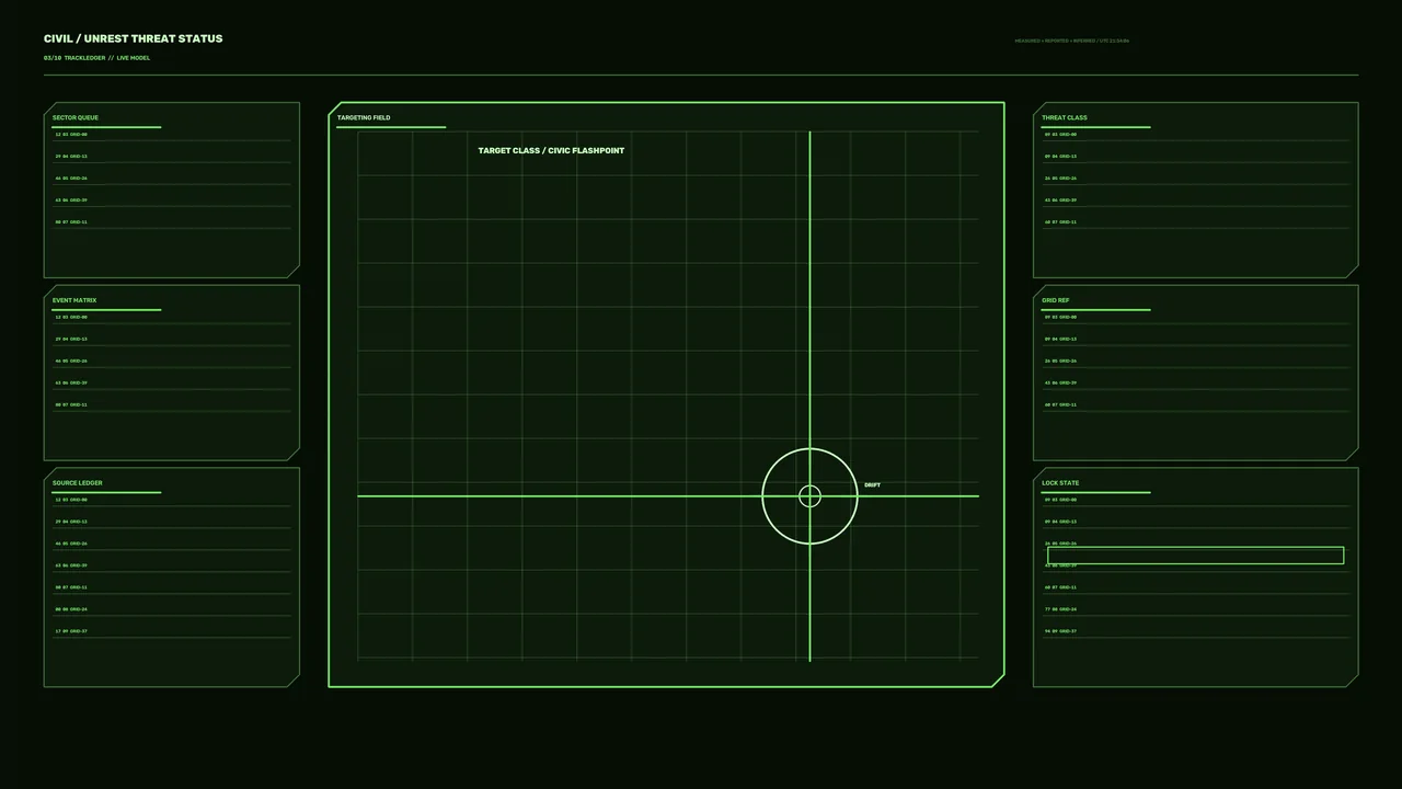 Civic Unrest Threat Status Targeting HUD – Green Grid Reticle 4K Wallpaper