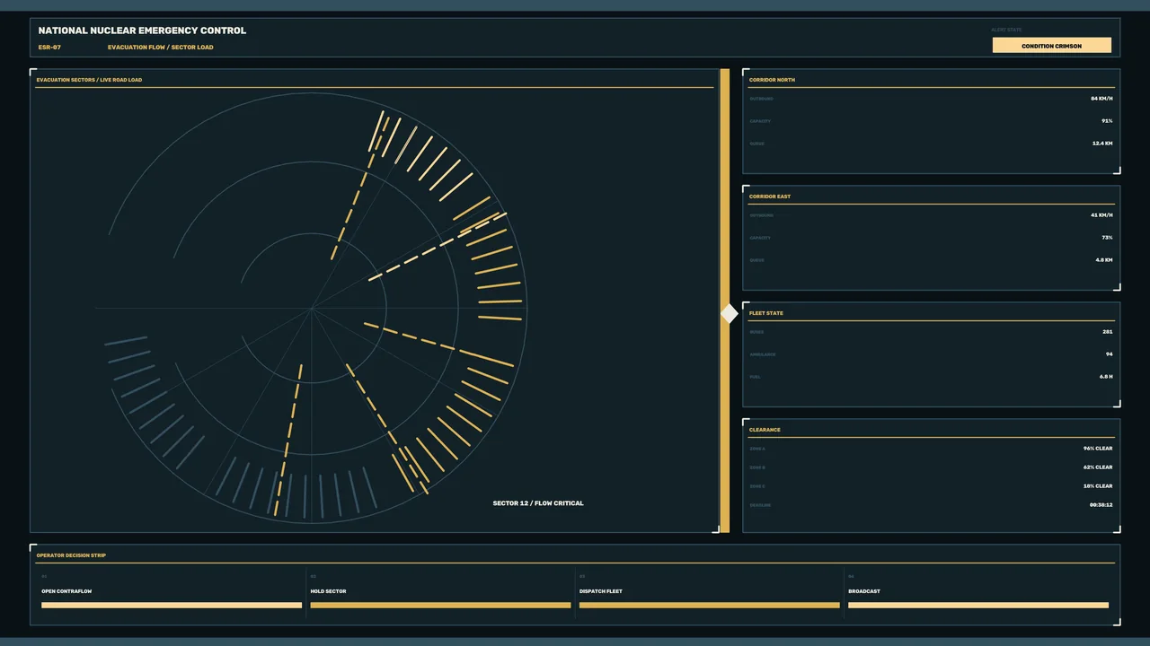 Sci-Fi Evacuation Flow HUD Dashboard with Radial Telemetry 4K Wallpaper
