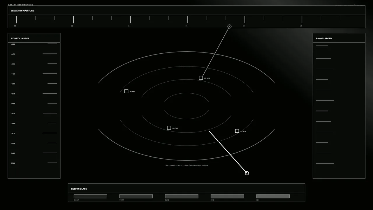 Planetary Terrain Analysis HUD with Concentric Scanner and Telemetry Ladders