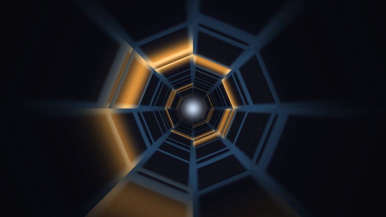 Abstract Hexagonal Tunnel with Blue Frames and Amber Light 4K Wallpaper