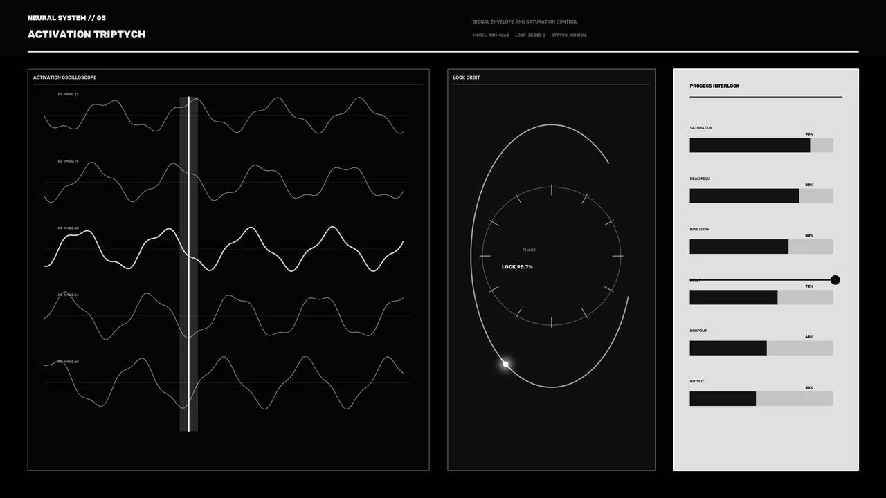Monochrome Sci-Fi Activation Triptych HUD Dashboard