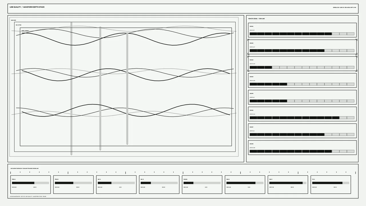 Monochrome Industrial Network HUD with Stacked Waveform Telemetry and Segmented،