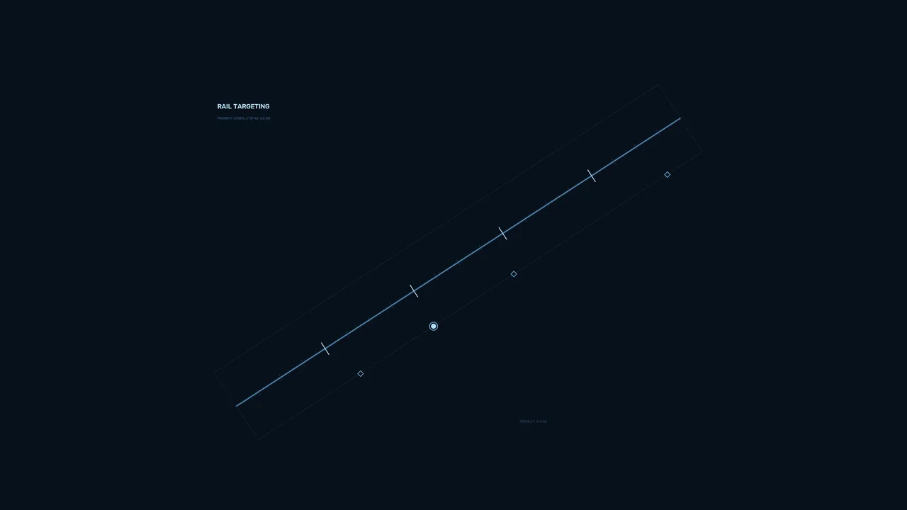 Rail Targeting HUD with Diagonal Telemetry Markers 4K Wallpaper