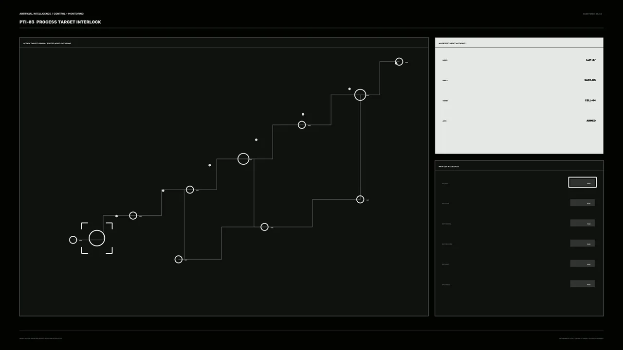 Monochrome Process Interlock HUD Dashboard with Node Graph