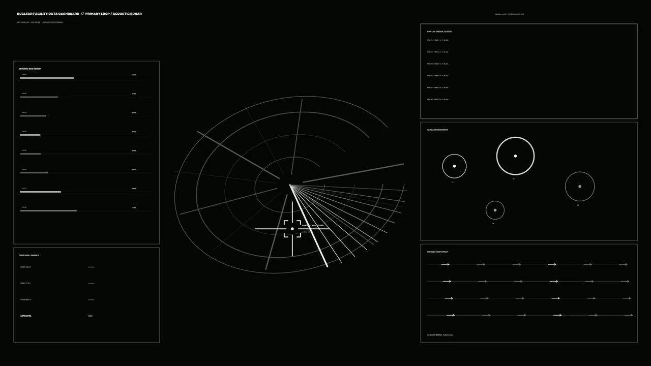 Monochrome Sci-Fi Facility Dashboard HUD with Radar Scanner and Telemetry Panels