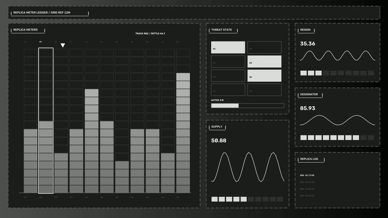 Fictional Telemetry HUD Dashboard with Bar Meters and Waveform Panels