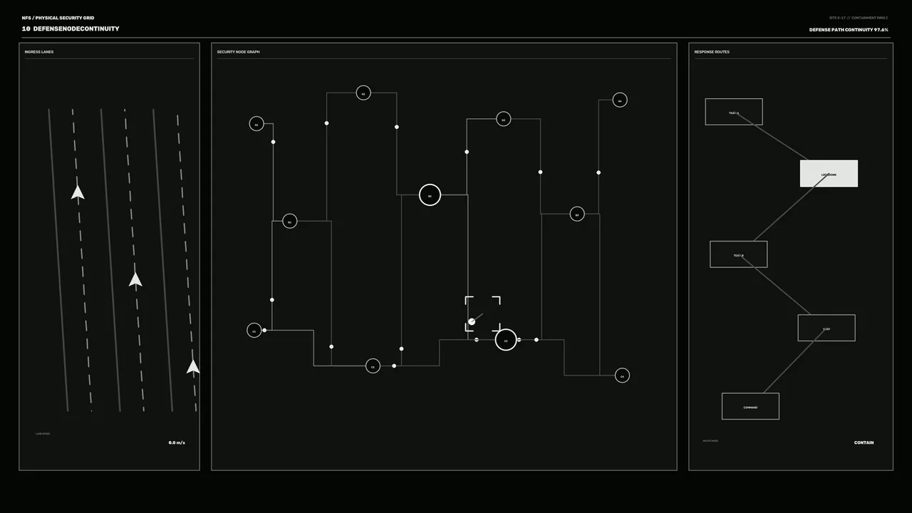 Physical Security Grid HUD with Connected Nodes and Response Routes