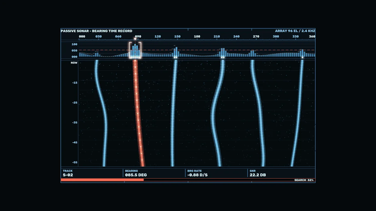 Sonar Bearing-Time Record HUD Dashboard with Blue Traces and Orange Track, 4K